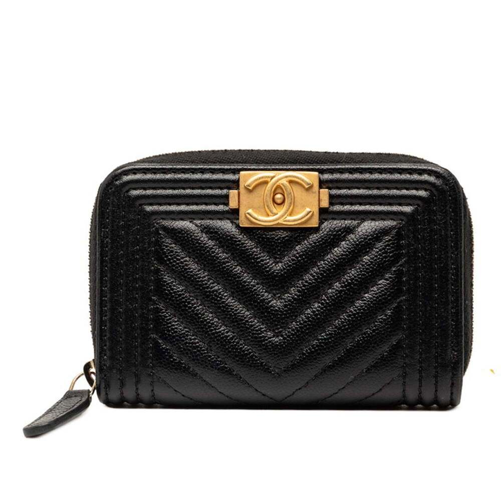 CHANEL Authentic Black Leather Logo Wallet